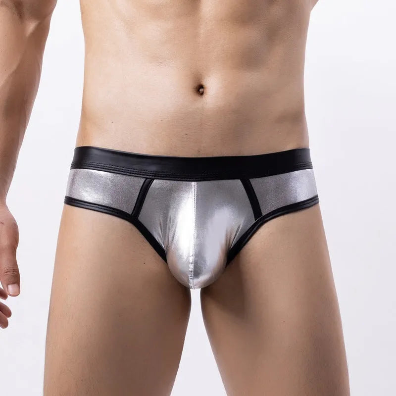 Men's gold patent leather colour bikini swim briefs with low-waist body-shaping fit