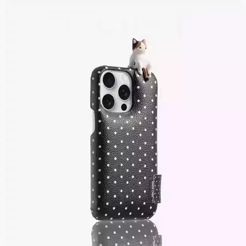 Rose pink imitation leather iPhone case with 3D kitten and polka dot soap shell design, anti-fall cover