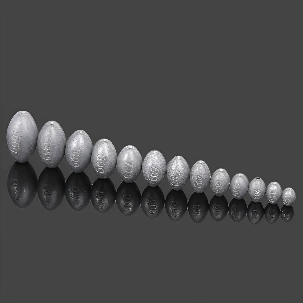 Tongxin scale olive lead fishing sinker with rugby shape and plastic core, shown in various weights.