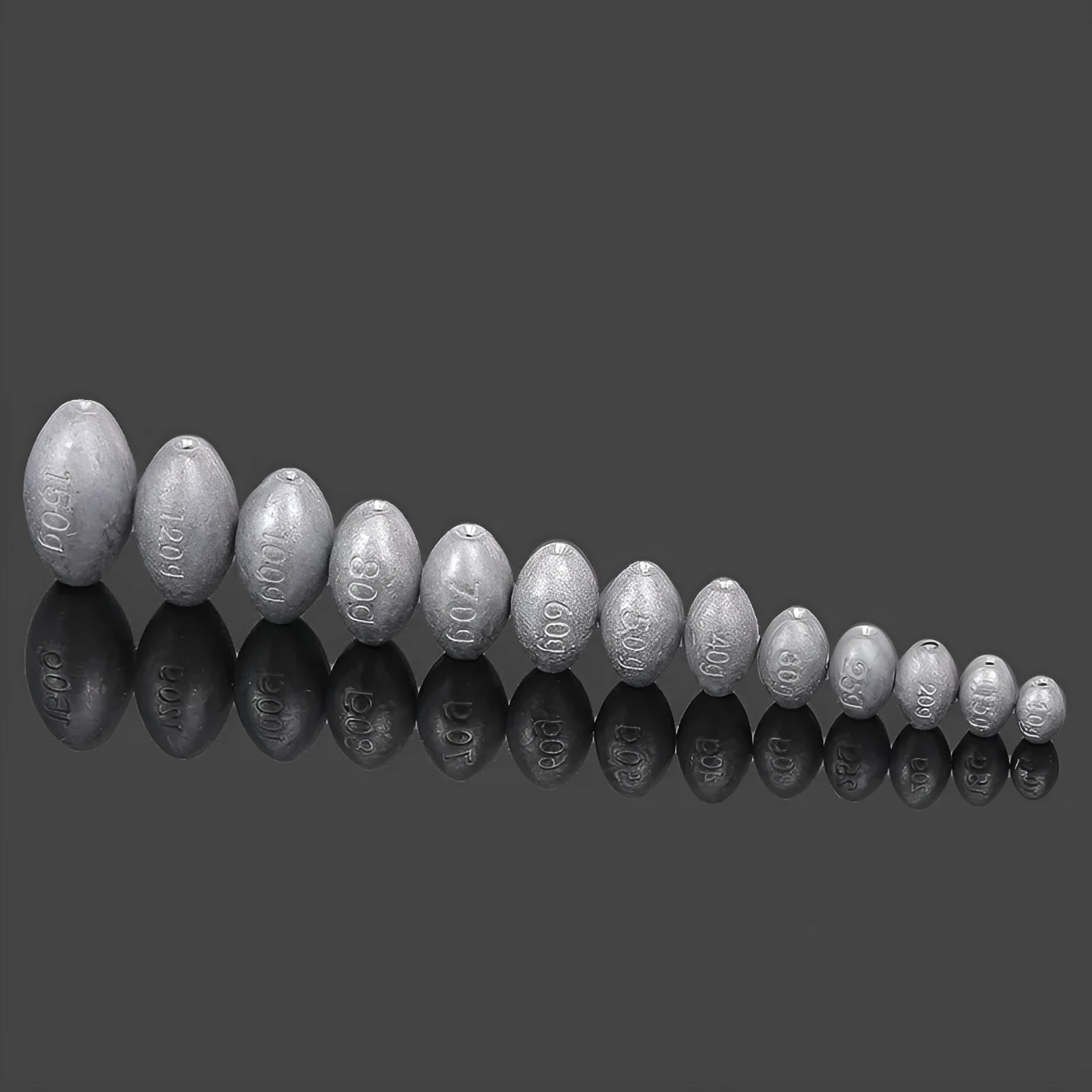 Tongxin scale olive lead fishing sinker with rugby shape and plastic core, shown in various weights.