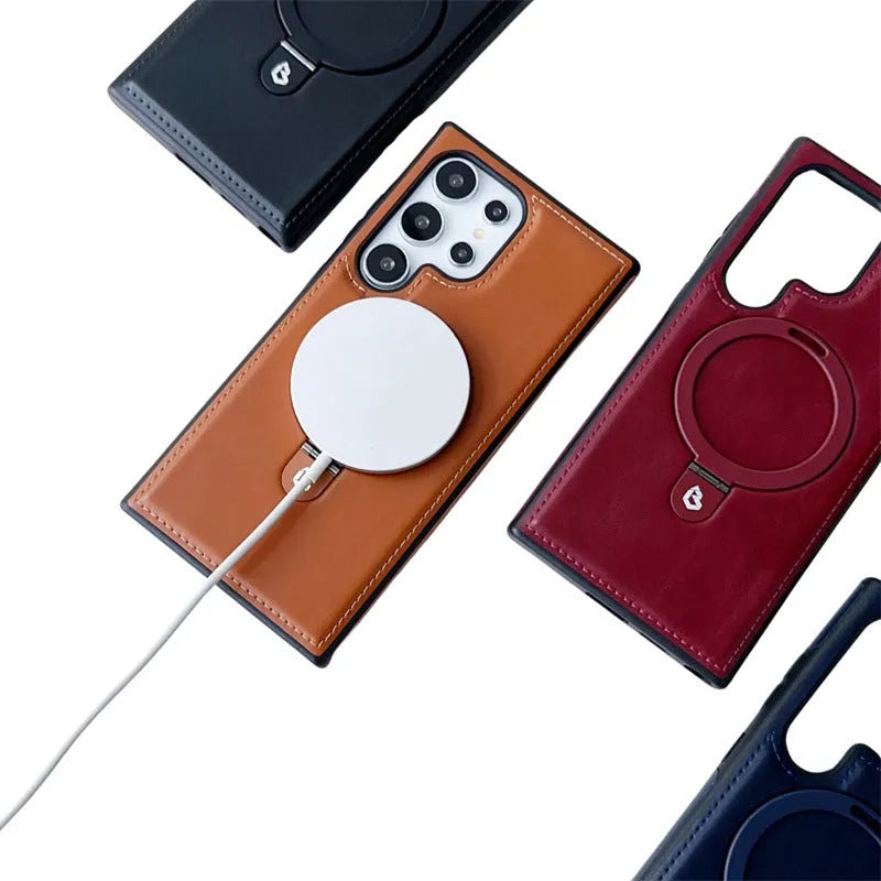 PU leather magnetic ring holder phone case with kickstand in black for Samsung S24