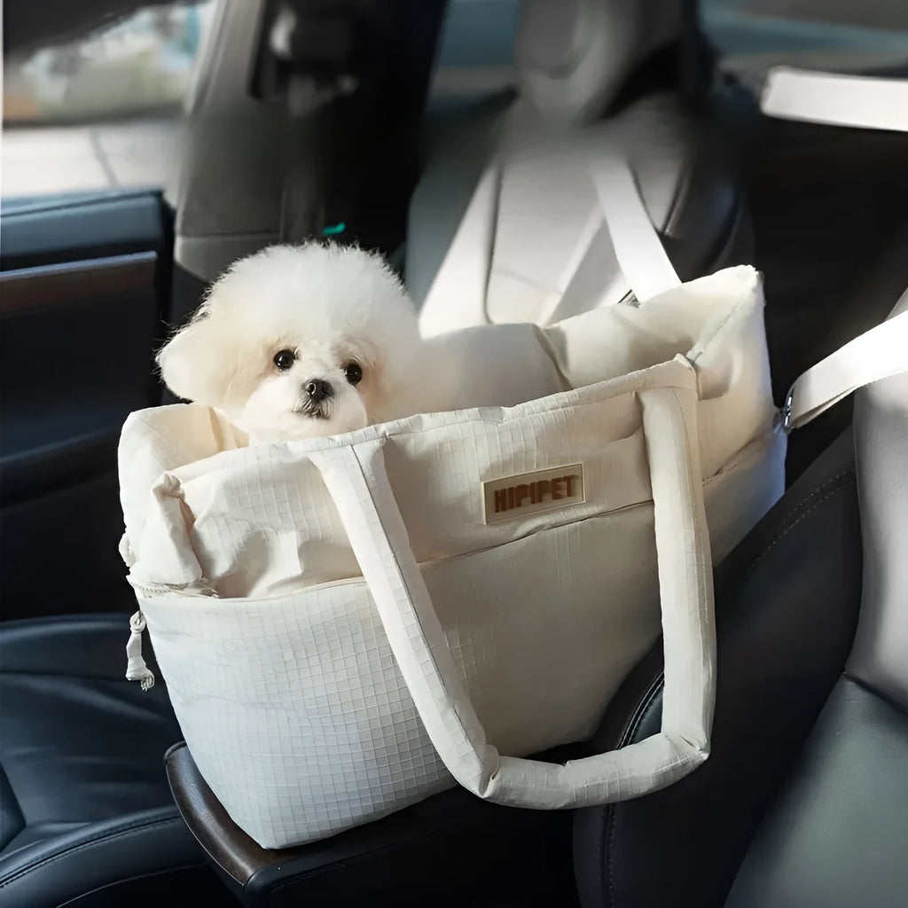 Dog car seat pet carrier in beige for small breeds up to 10 pounds with safety leash and centre console fit