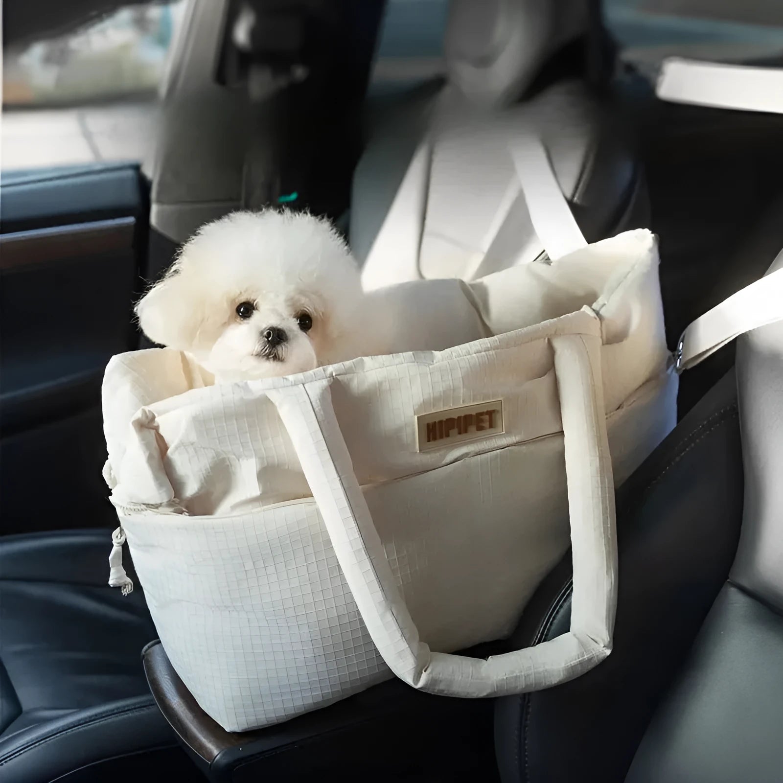 Dog car seat pet carrier in beige for small breeds up to 10 pounds with safety leash and centre console fit