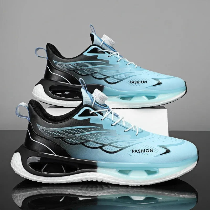 Men's low-top rotating button sneaker in black, light blue, or white and blue, with mesh or leather upper.