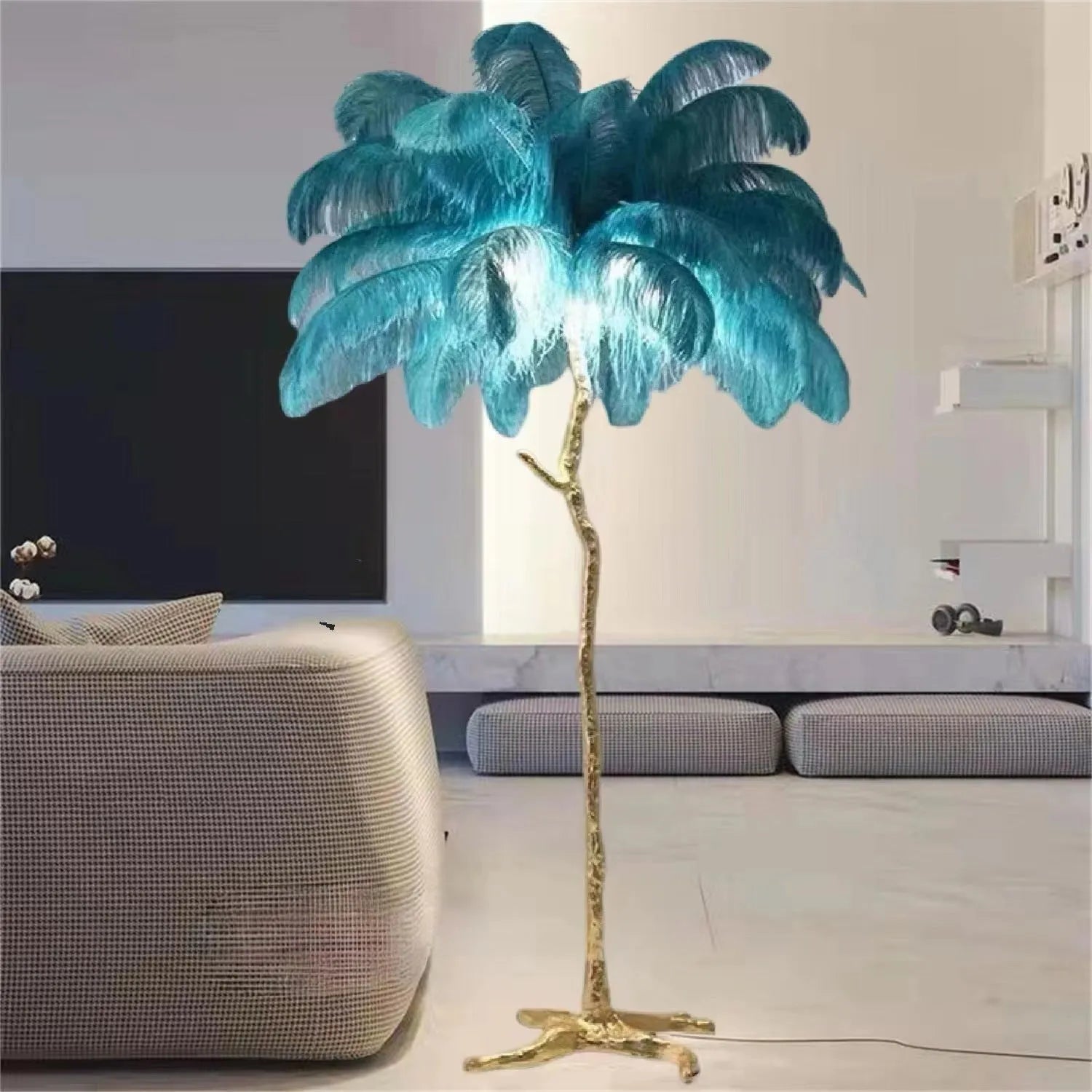 Decorative resin feather floor lamp with 32 feather elements in living room setting