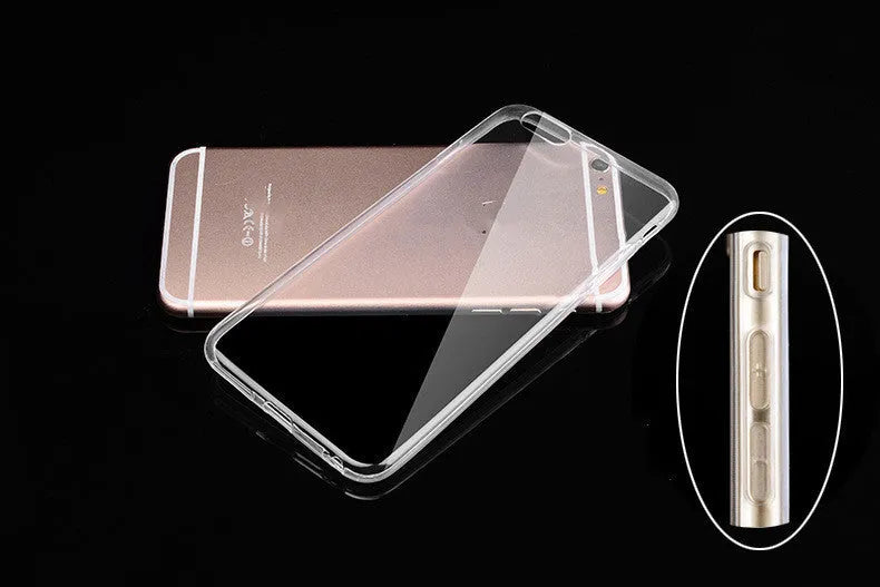 Transparent TPU soft shell protective case for various iPhone models on a table.