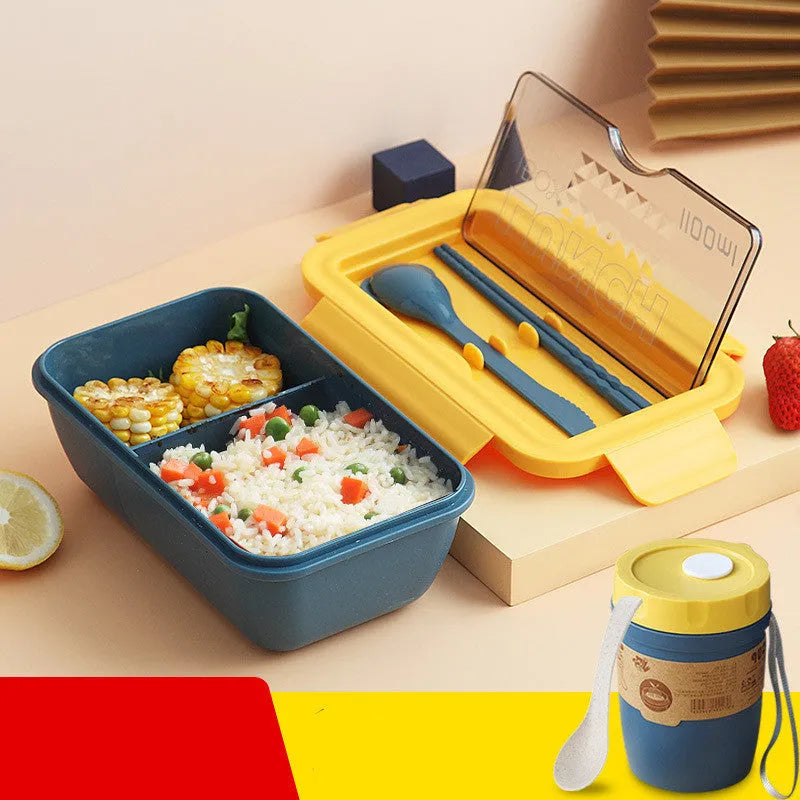 Four-layer partitioned plastic bento lunch box in Nordic style showing green, red and yellow colour options