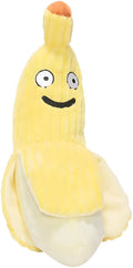 Yellow banana-shaped cat toy with textured surface measuring 13 inches long