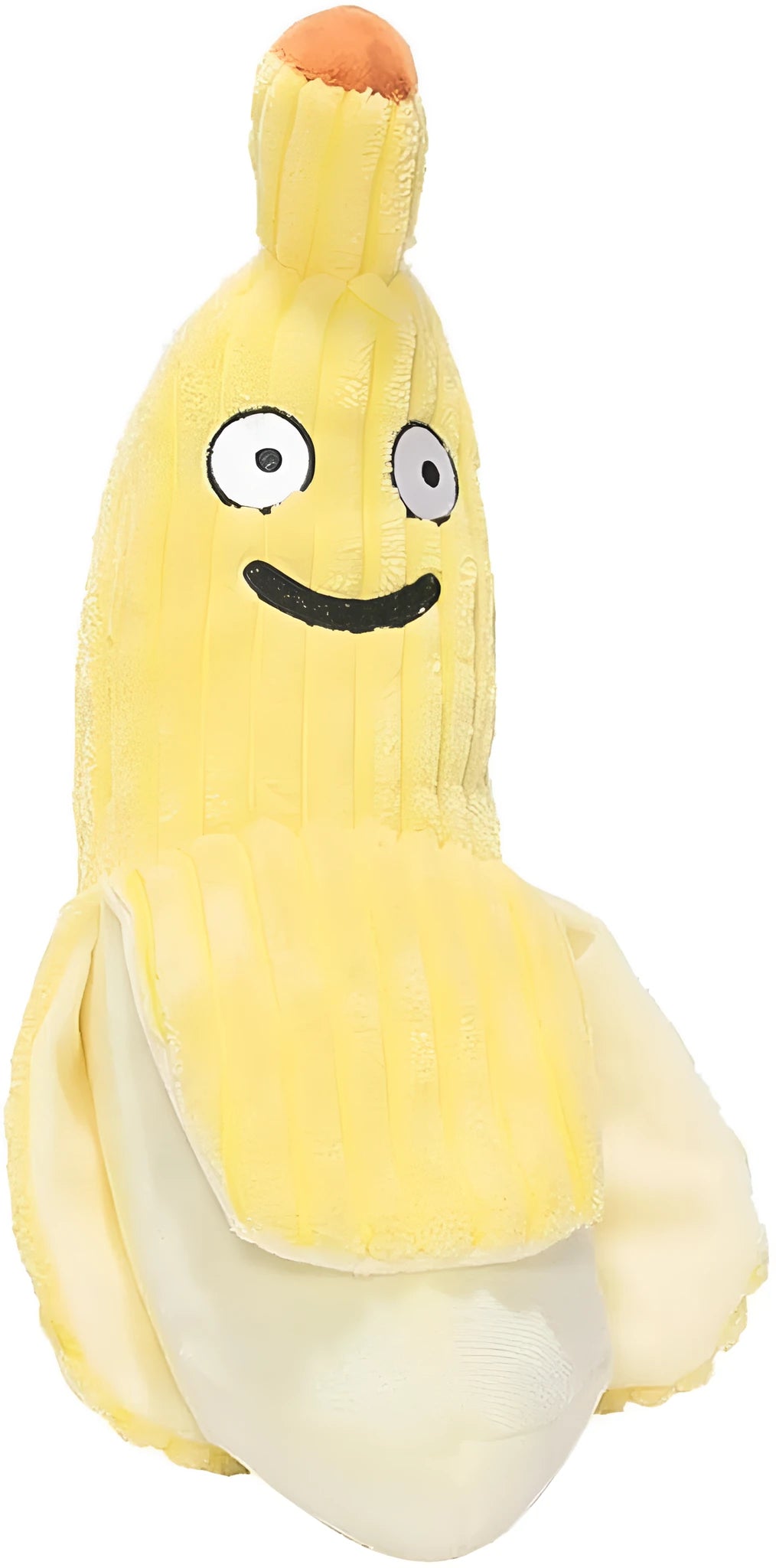 Yellow banana-shaped cat toy with textured surface measuring 13 inches long