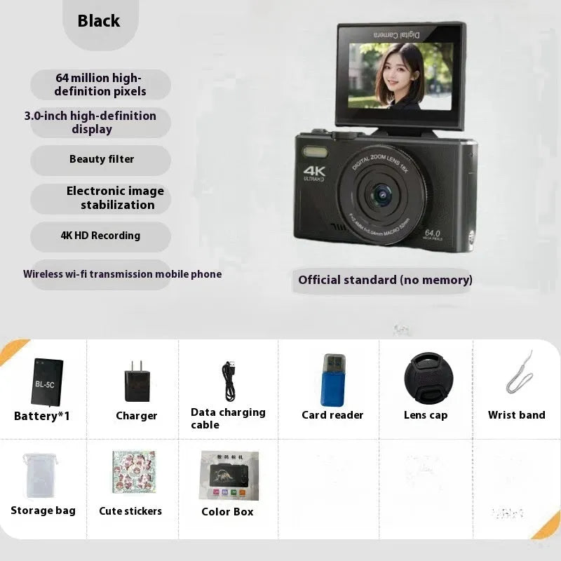 64 million HD mirrorless CCD camera with ABS body, black, front view showing lens and full HD screen