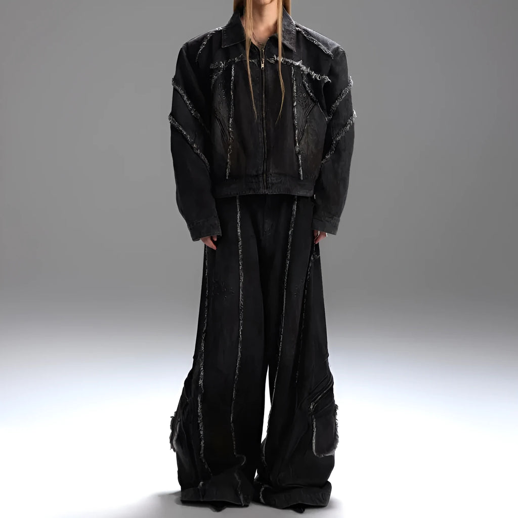 Black raw edge distressed denim coat and pants set with a splash-dyeing gradient pattern