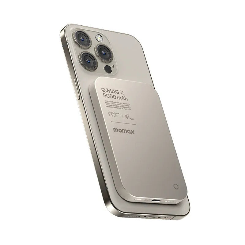 Magnetic wireless power bank with alloy shell in black and titanium colours