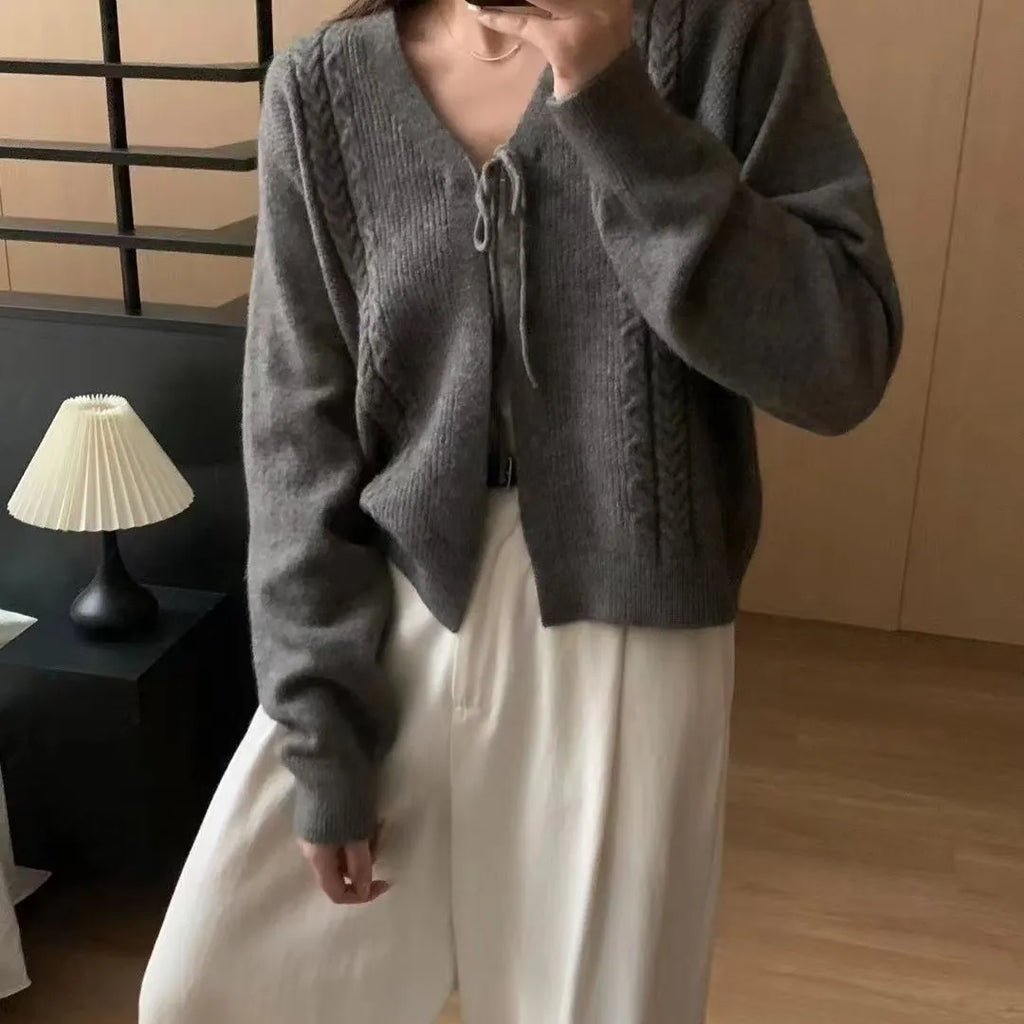 Lace-up V-neck oversized cable knit cardigan for women in brown, with button front and retro style