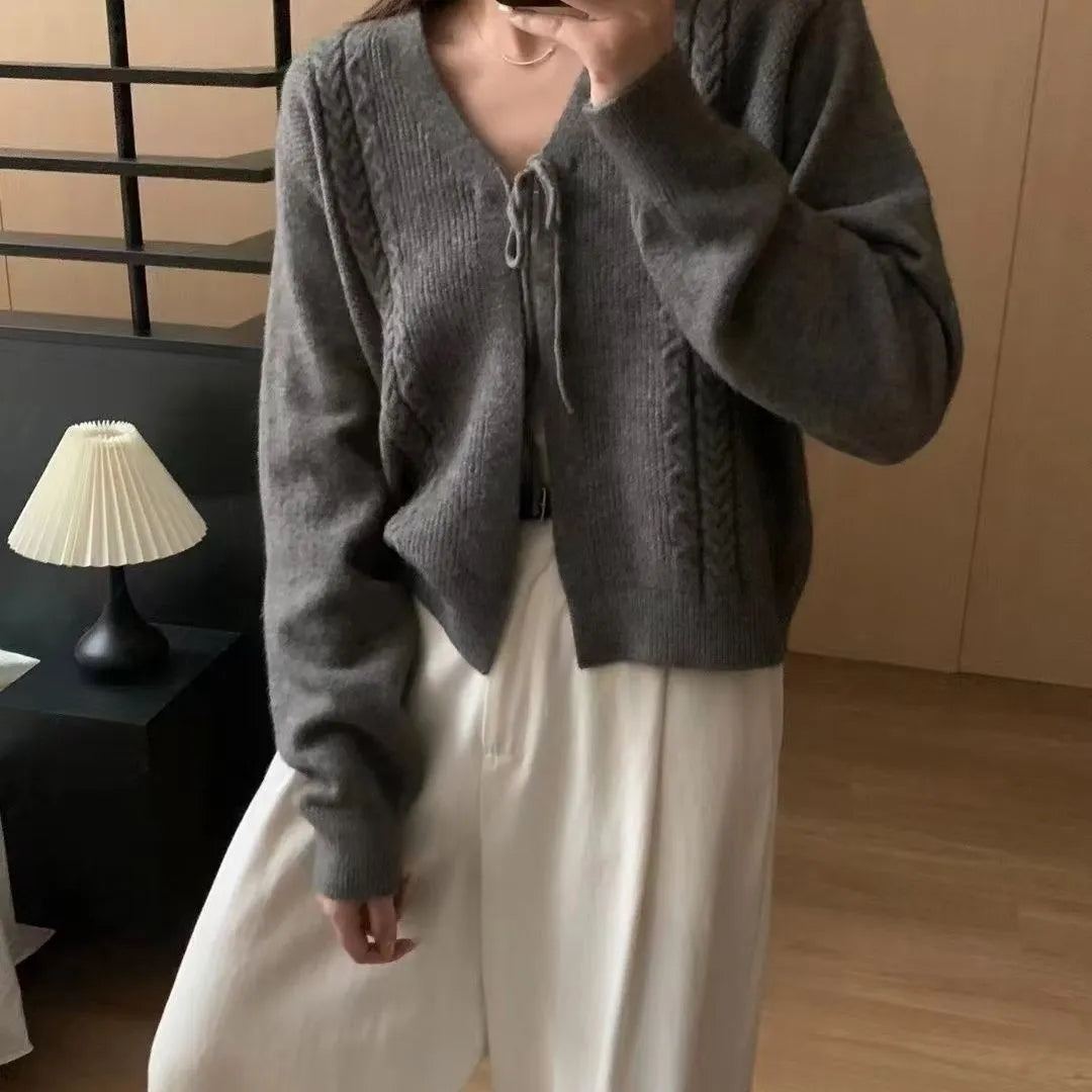 Lace-up V-neck oversized cable knit cardigan for women in brown, with button front and retro style