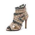Plus size denim high heel sandals in leopard print, plaid, and solid colour options