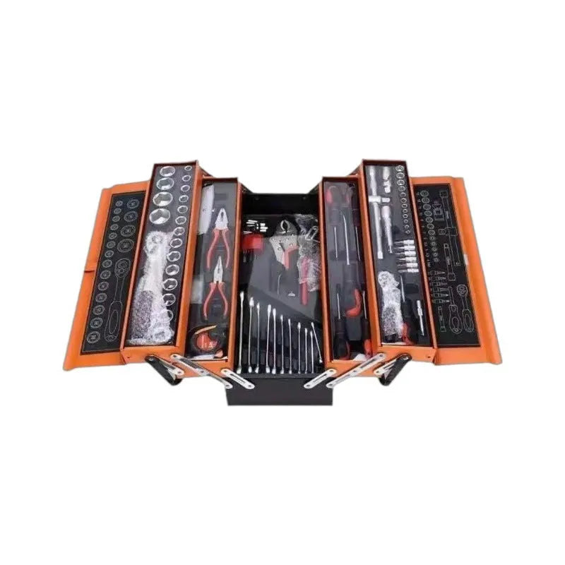 85-piece auto repair kit in large three-layer toolbox with connecting rod on workbench