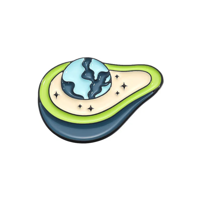 Colourful cartoon fruit design metal brooch with pin clasp on a denim jacket.
