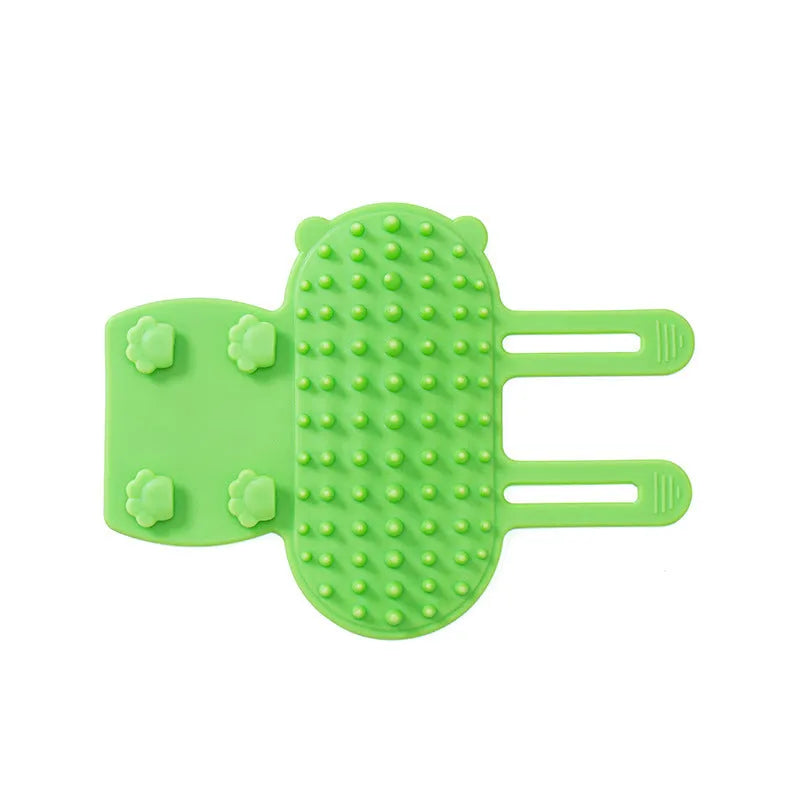 Silicone cat scratching comb with rounded teeth and adjustable strap in black, green, pink, or yellow colour.