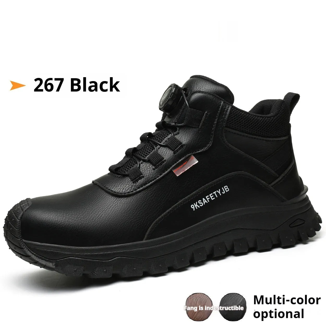 Flyknit leather work safety shoe with rubber sole in black, shown on a grey background
