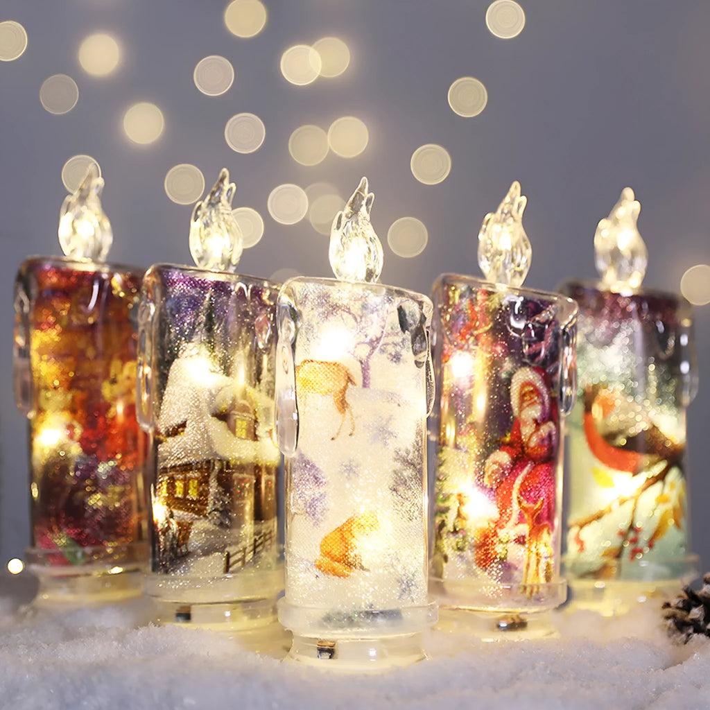 Christmas transparent plastic electronic candle with LED glow, 18cm tall, style options include house, snowman, and bear