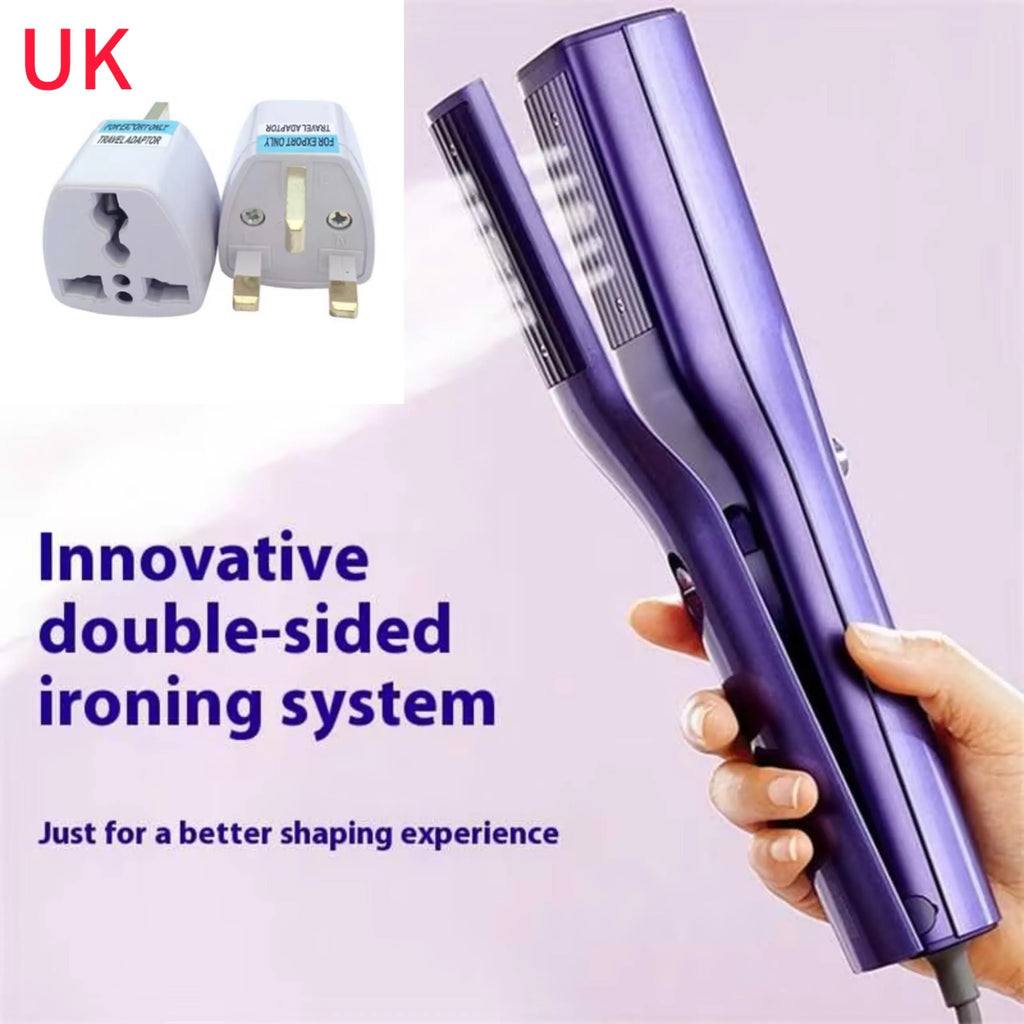 Handheld garment steamer with plastic housing showing steam control buttons and UK plug