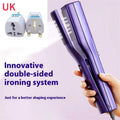 Handheld garment steamer with plastic housing showing steam control buttons and UK plug