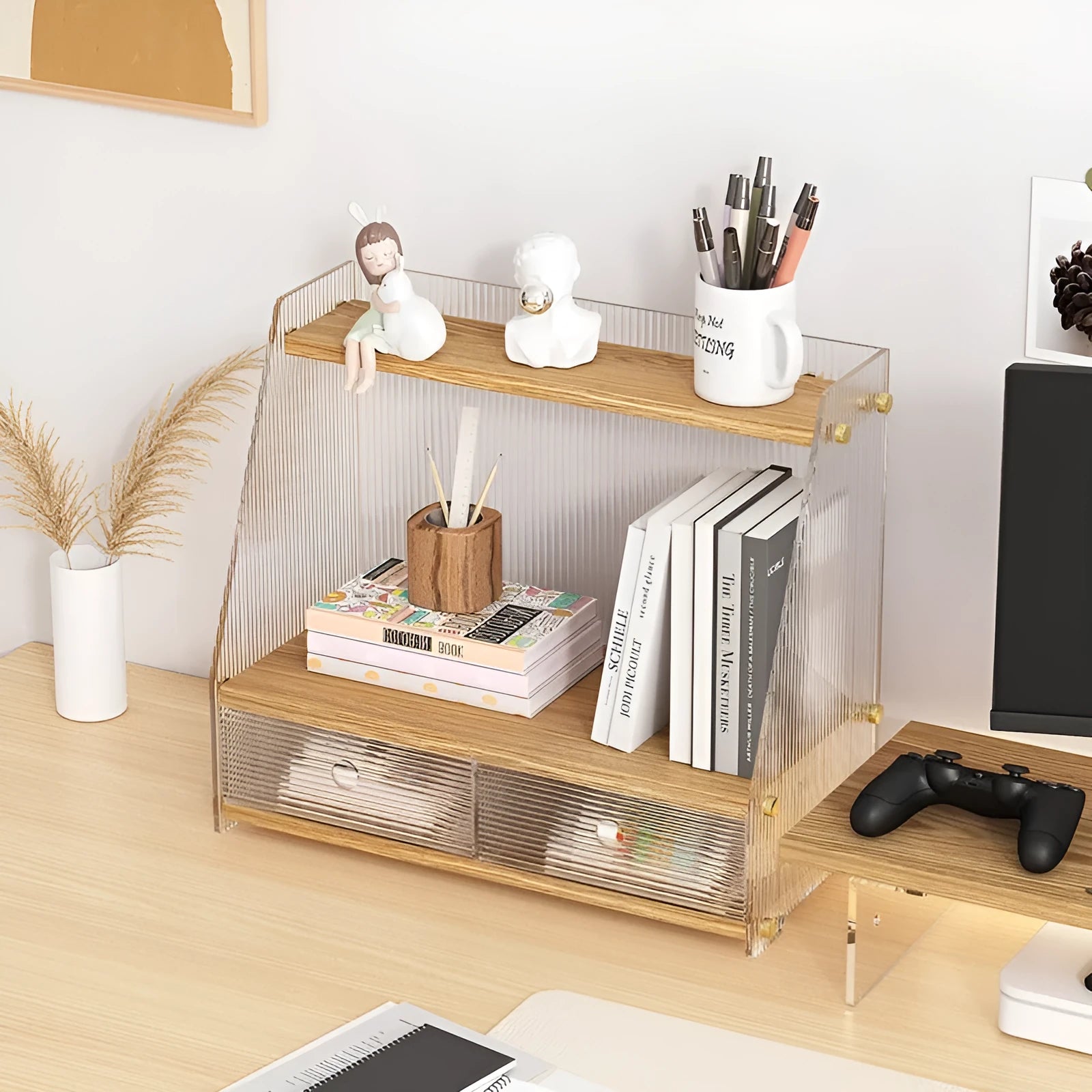Office acrylic desk storage cabinet in wood colour finish with transparent acrylic sections on desktop