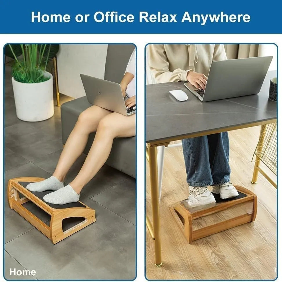 Wooden adjustable bamboo office desk footstool in natural wood colour.
