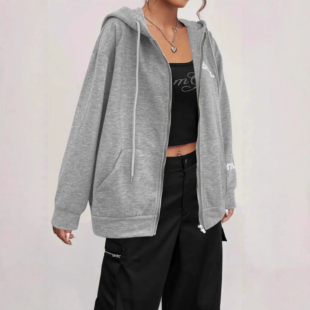 Grey loose fit zip-front hooded polyester coat on hanger
