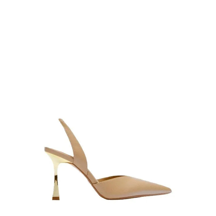 Women's pointed toe patent leather high heels in apricot with a shallow mouth design.