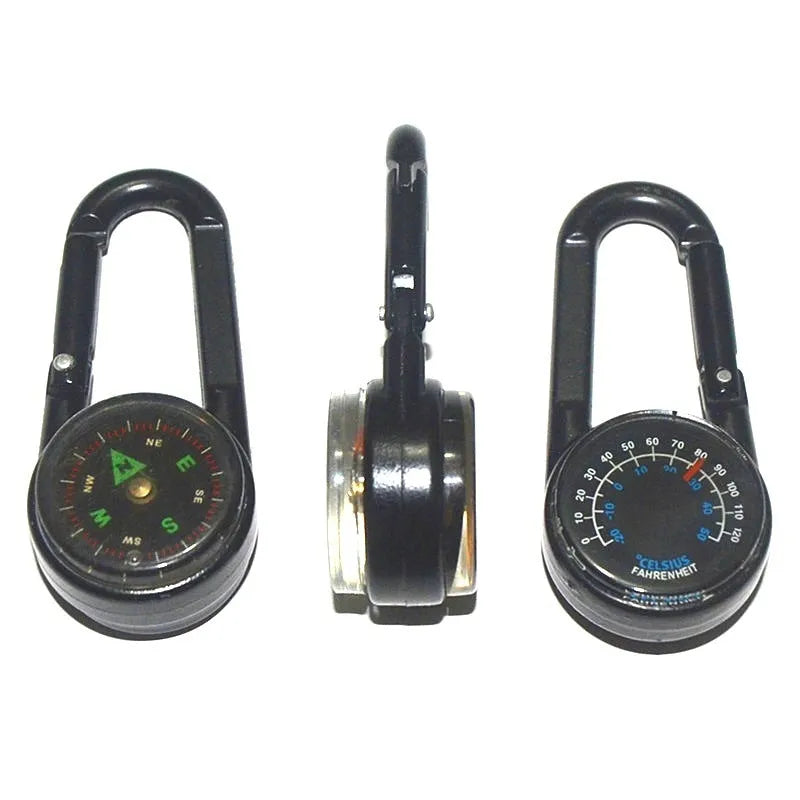 Black zinc alloy double-sided carabiner with a climbing button closure, showing integrated compass and thermometer.