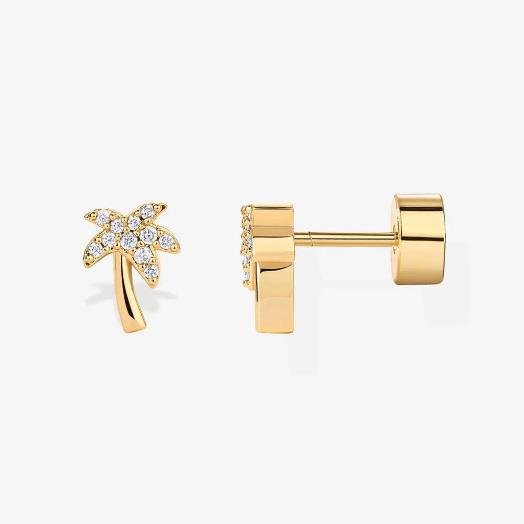 Electroplated 18K gold flower zircon ear studs on stainless steel, unisex old money style, gold and steel colours