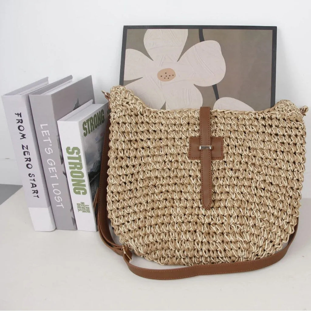 Beige handmade woven shoulder bag with sewing thread details and sandwich pocket