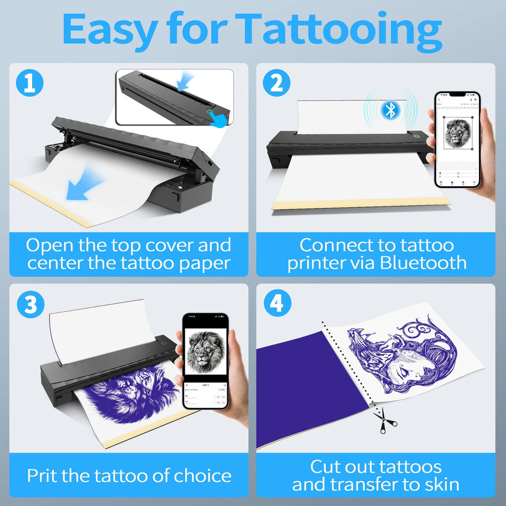 A4 Bluetooth portable mini thermal tattoo printer with 203DPI print head, 2600mAh battery and Type-C charging