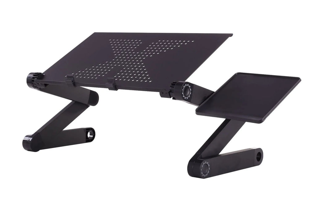 Portable folding laptop desk in black or rose red with metal frame, ventilated top, 480 mm adjustable height and 360-degree tilt