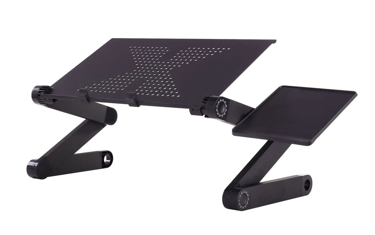 Portable folding laptop desk in black or rose red with metal frame, ventilated top, 480 mm adjustable height and 360-degree tilt
