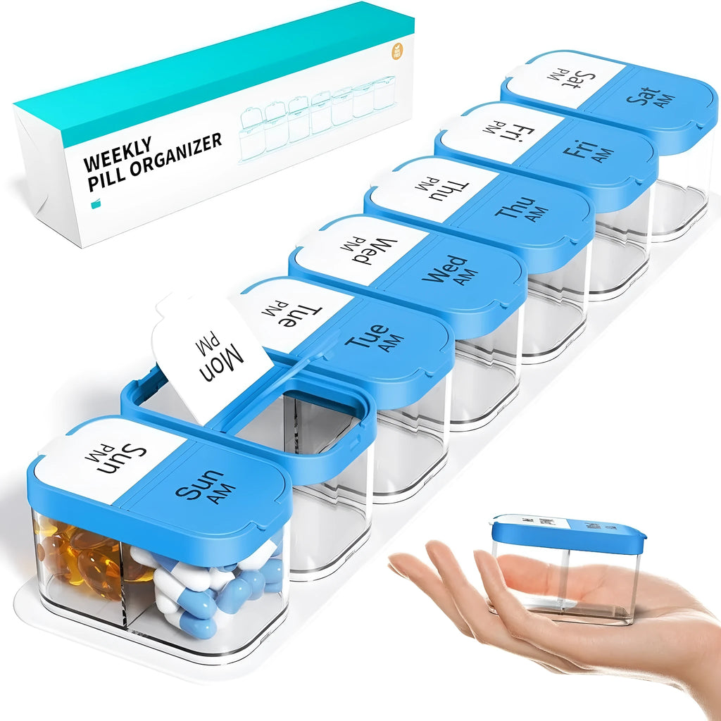 Extra large white and rainbow colour plastic pill organiser box with removable sections, shown with lid open.