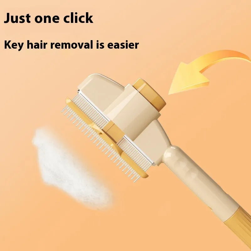 Yellow self-cleaning pet comb with stainless steel teeth and release button