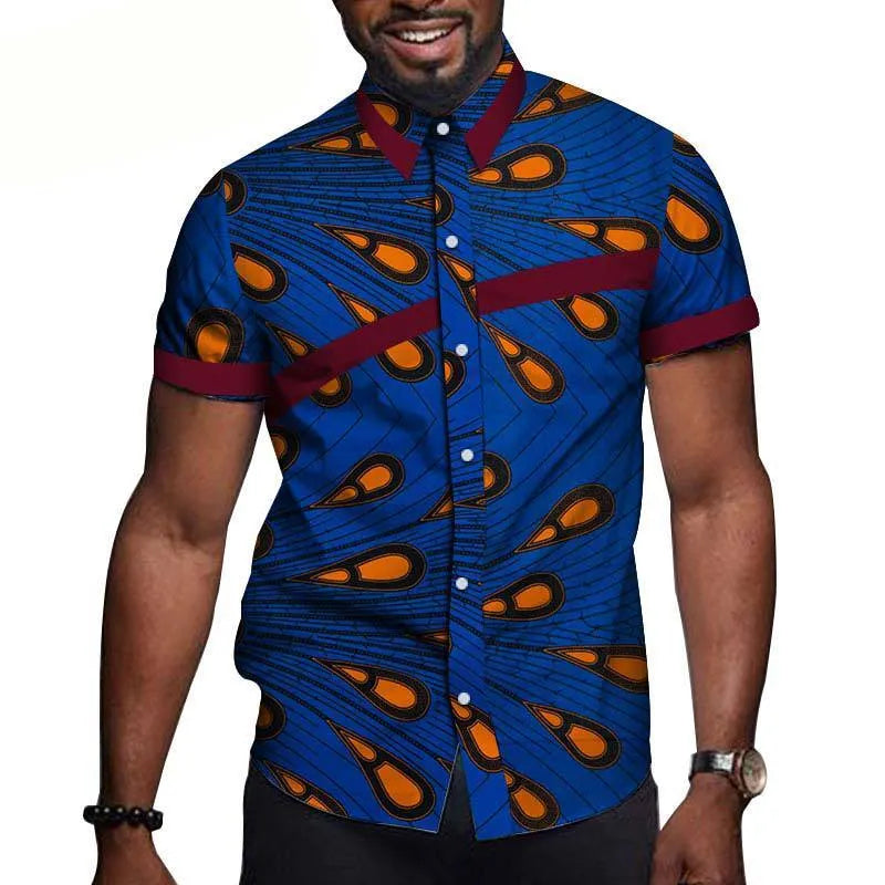 African men cotton colourblock short sleeve top with lapel collar in available colours