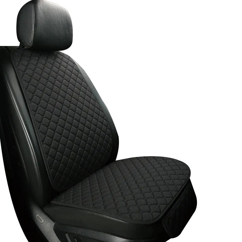 Linen universal car seat cushion in black with decorative red thread pattern on base.