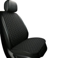 Linen universal car seat cushion in black with decorative red thread pattern on base.