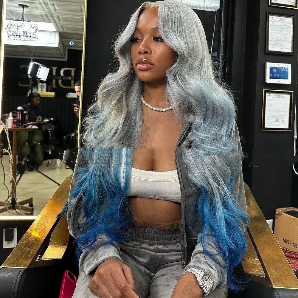 Grey-blue gradient human hair lace front wig with 4x4 construction