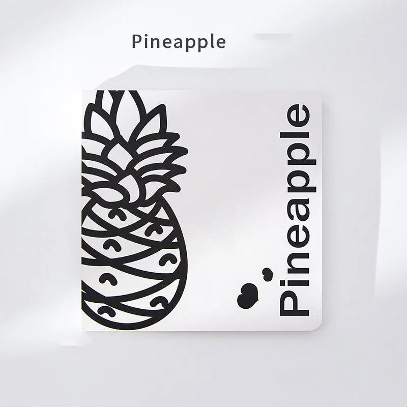 Square notebook with embossed fruit cover design showing 14.5cm dimensions and thickened paper pages