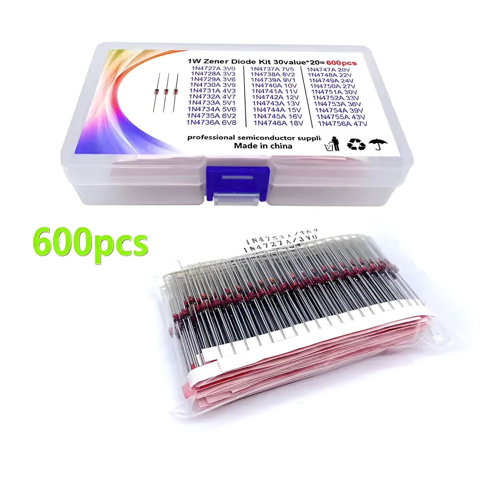 Boxed 1W 50V Zener crystal glass diode electronic component.