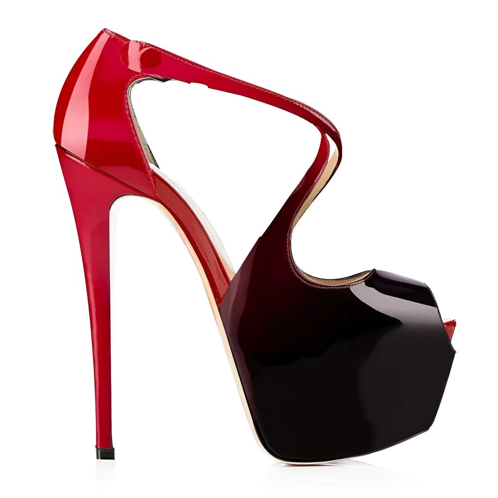 Women's black peep toe high heel shoes with a matching cross strap fastened around the ankle.