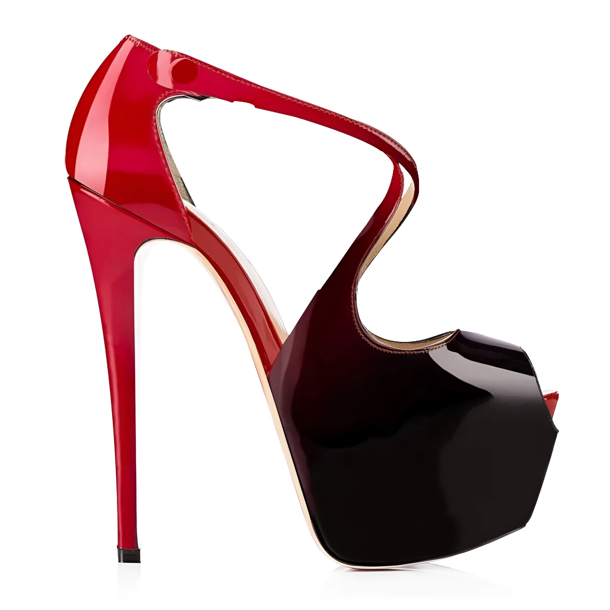 Women's black peep toe high heel shoes with a matching cross strap fastened around the ankle.