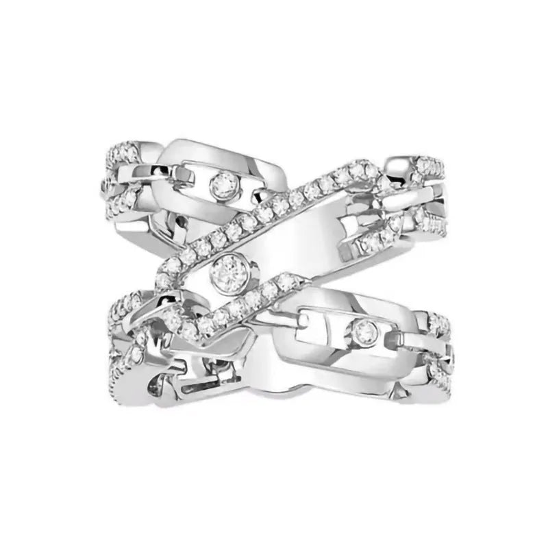 Niche clip design ring for women, white gold colour, geometric lock shape with inlaid zircon stone