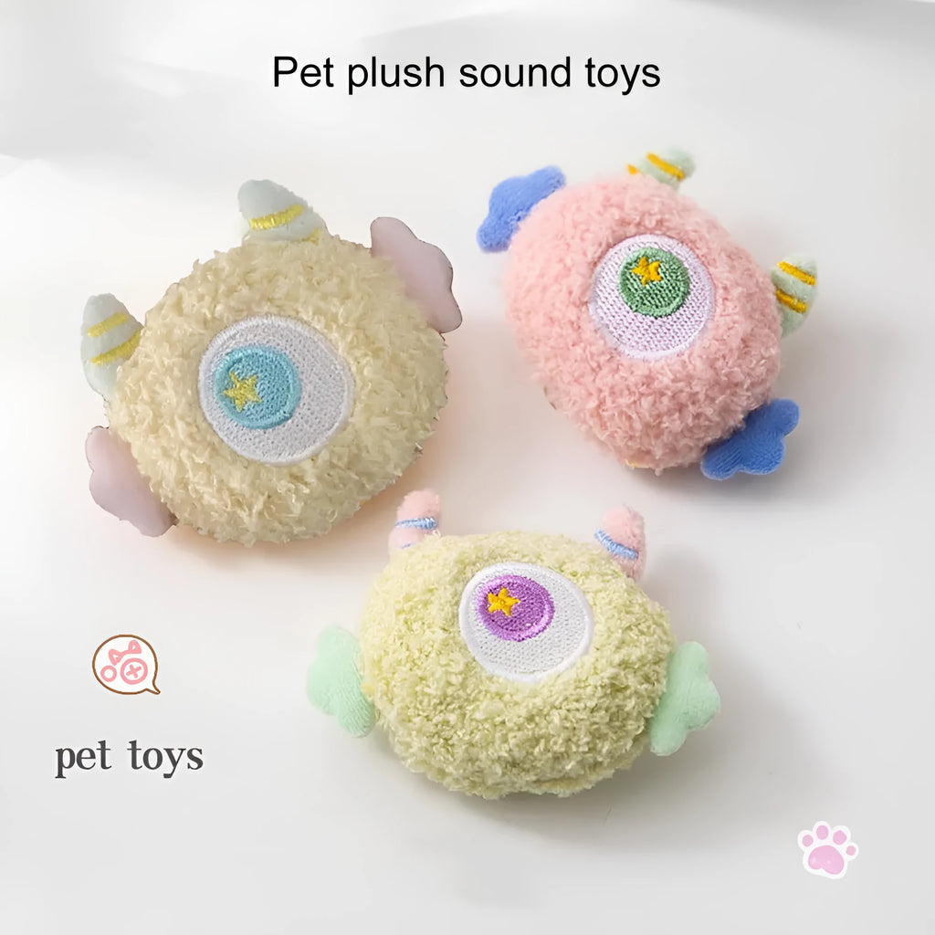 Cartoon-shaped plush dog chew toy with large eyes and squeaker sound feature