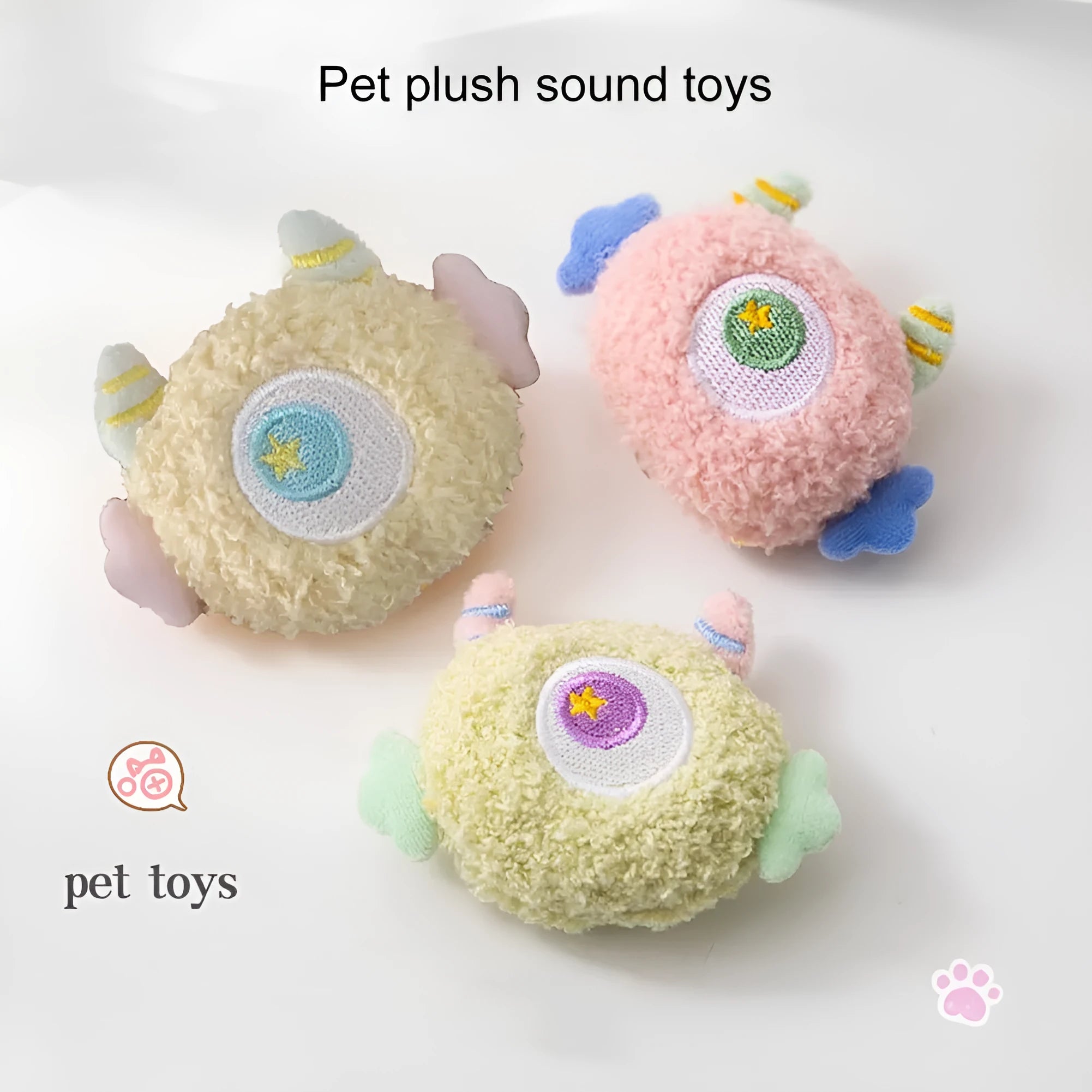 Cartoon-shaped plush dog chew toy with large eyes and squeaker sound feature