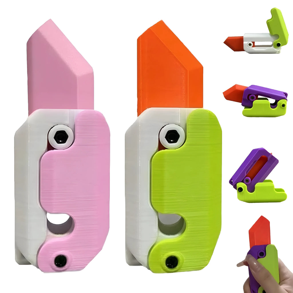 3D printed plastic gravity carrot knife fidget toy in orange, purple, and green colours.